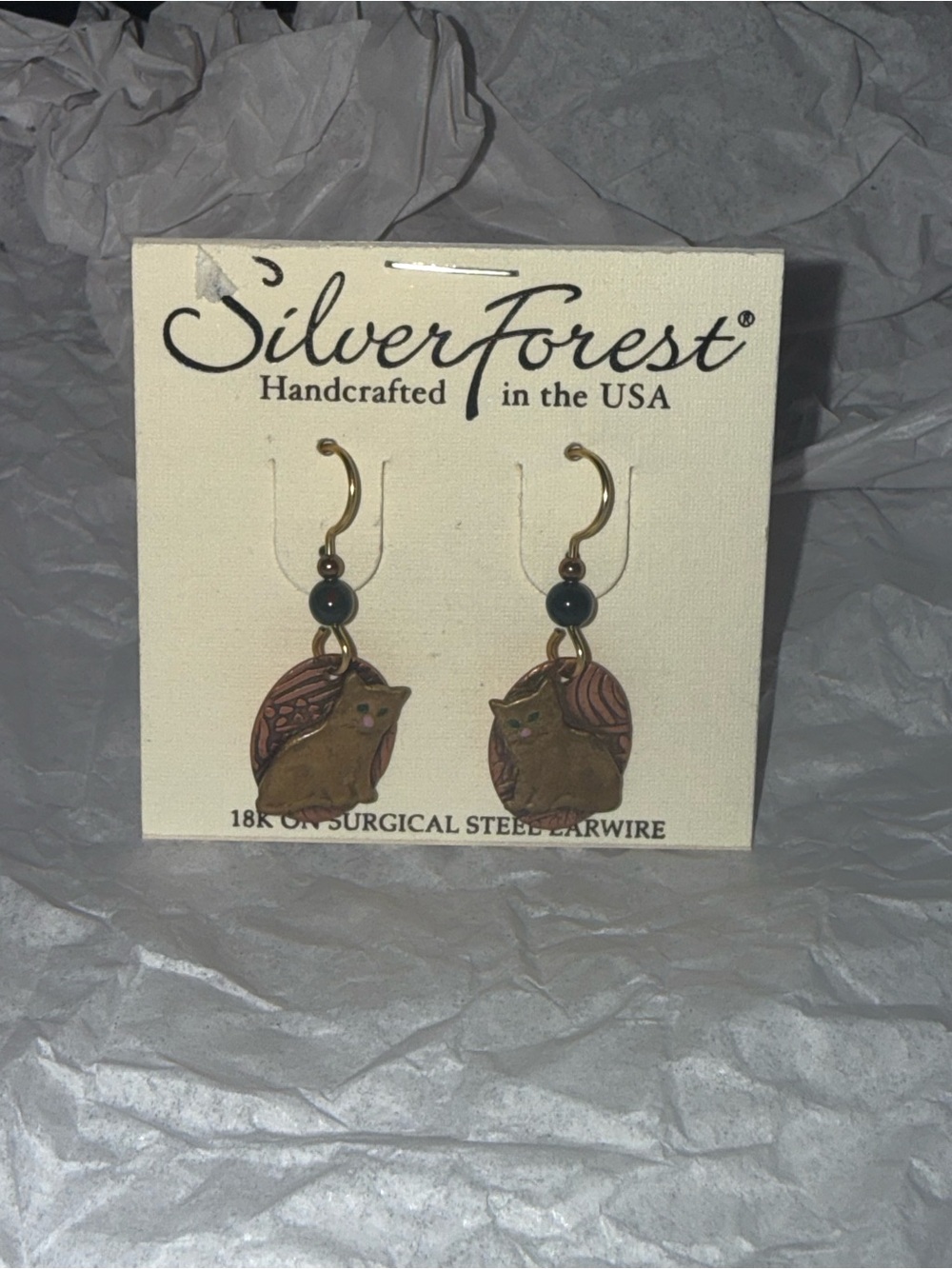 Silver Forest Gold and Brown Cat Dangle Earrings with Green Accent